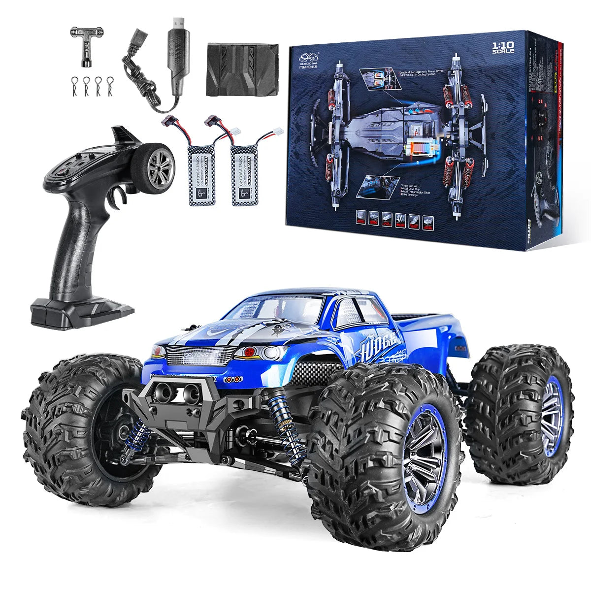 1:10 Off-Road All Terrain Remote Control Car, RC Monster Truck, Max 43 Km/H High Speed 4WD Electric RC Cars with 2.4 GHz Remote