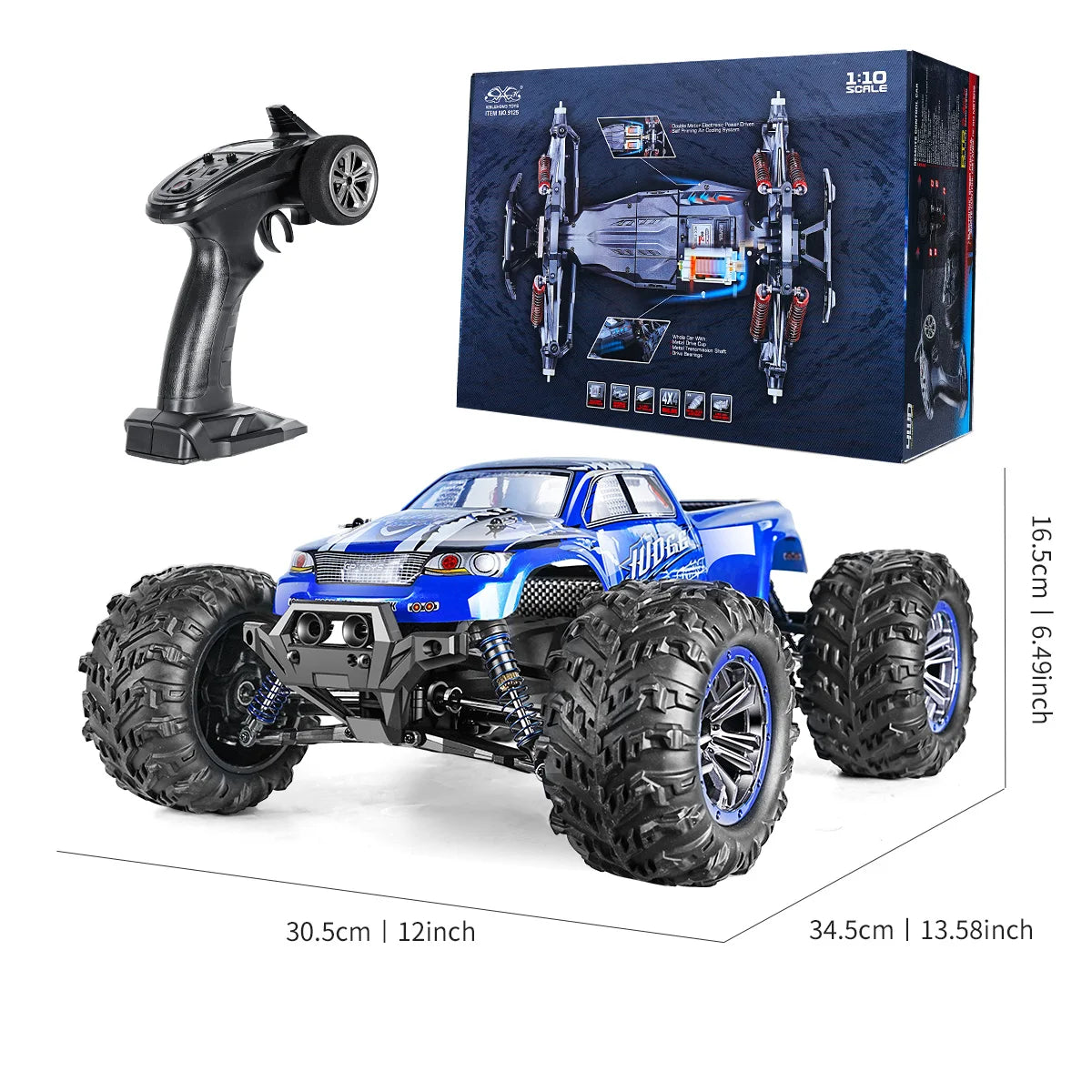 1:10 Off-Road All Terrain Remote Control Car, RC Monster Truck, Max 43 Km/H High Speed 4WD Electric RC Cars with 2.4 GHz Remote