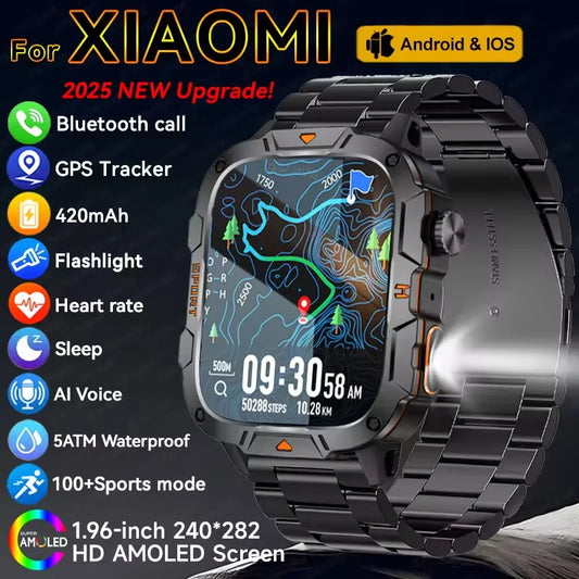 2025 For Xiaomi Outdoor Sports Smart Watch GPS trackr 5ATM Flashlight 1.96" HD Display Screen Bluetooth call Men Fitness Watches