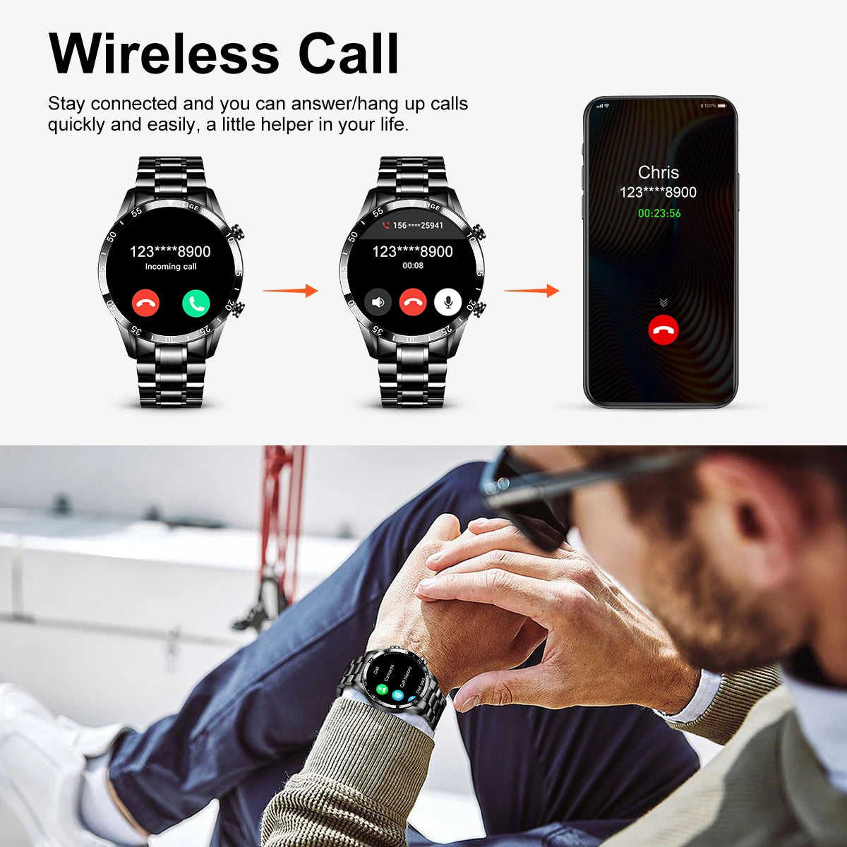 Luxury Full Circle Touch Screen Men Smart Watch Bluetooth Call Steel Band Waterproof Sports Fitness Watch For Android IOS