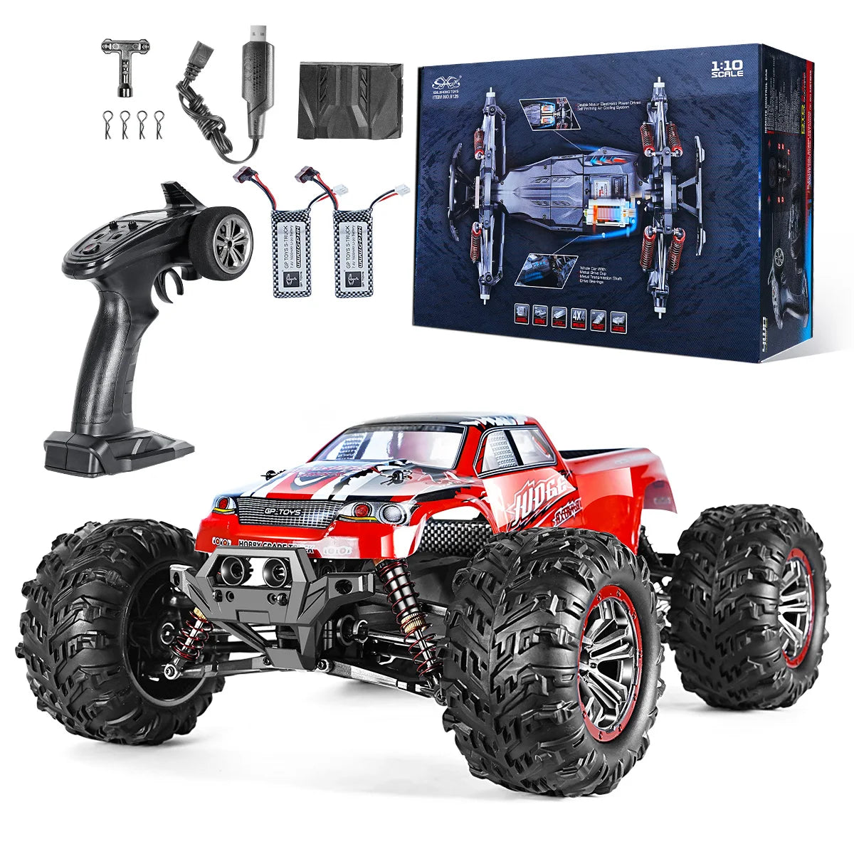1:10 Off-Road All Terrain Remote Control Car, RC Monster Truck, Max 43 Km/H High Speed 4WD Electric RC Cars with 2.4 GHz Remote
