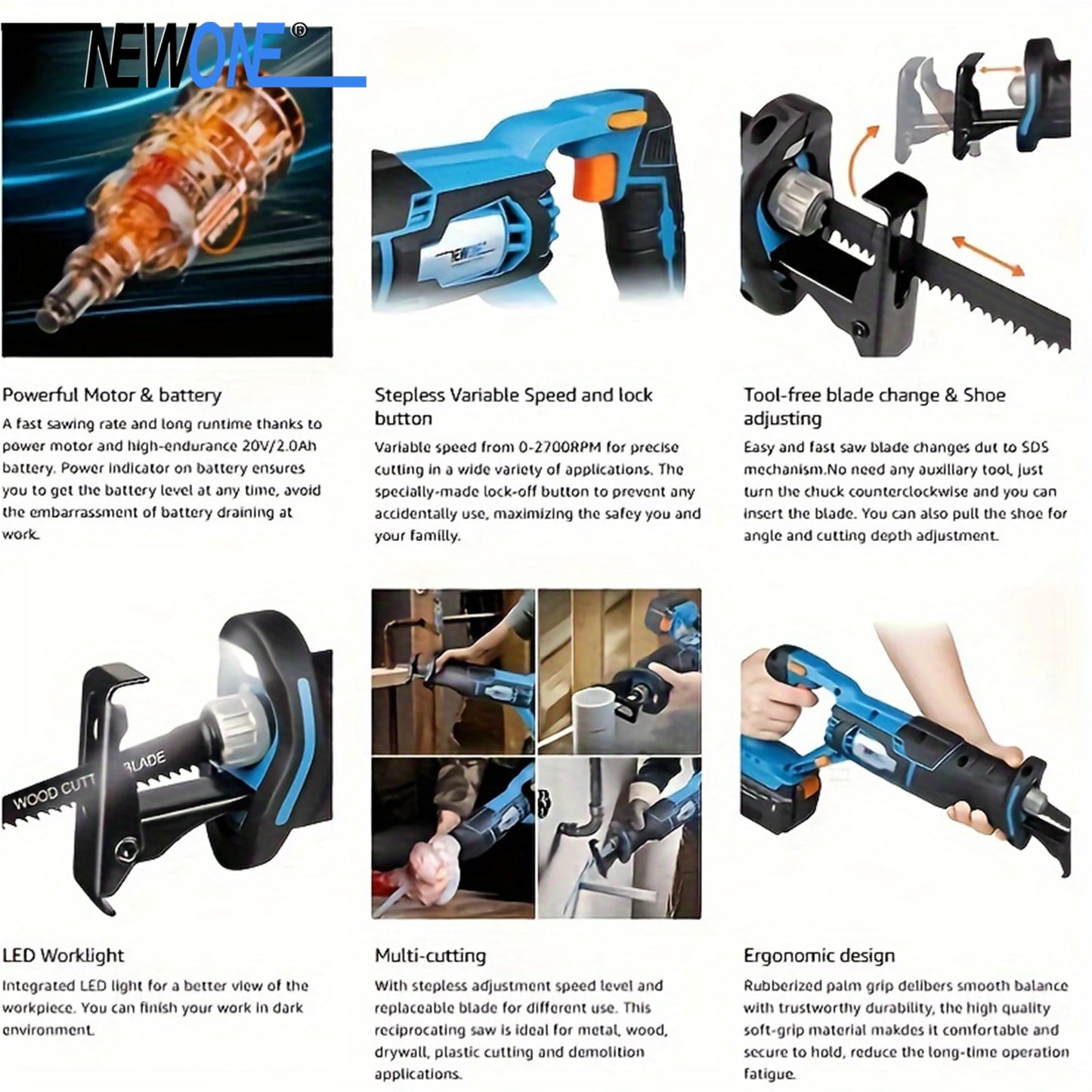 20V Reciprocating Saw Zall Saw Cut-off Tool LED Working Light, 2.0AH Battery, Tool-Free Blade Change, 7pcs Saw Blades For