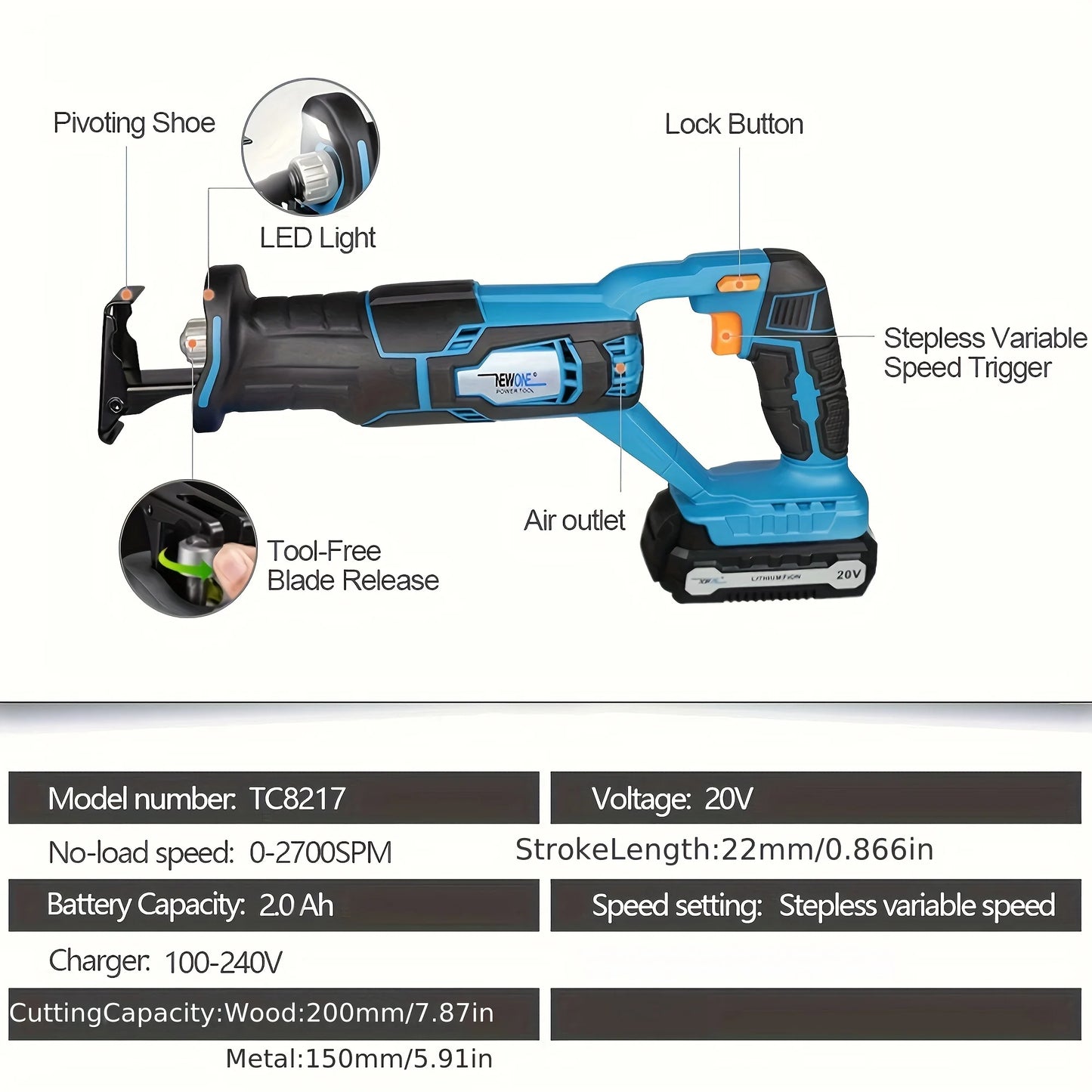 20V Reciprocating Saw Zall Saw Cut-off Tool LED Working Light, 2.0AH Battery, Tool-Free Blade Change, 7pcs Saw Blades For